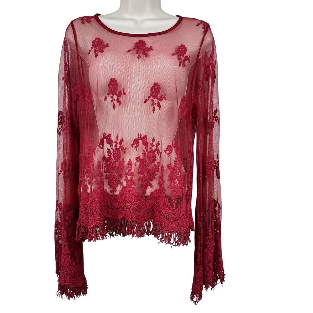 Sheer Mesh Embroidered Blouse Top Bell Sleeves Fringe Red M Dark Romantic Vamp